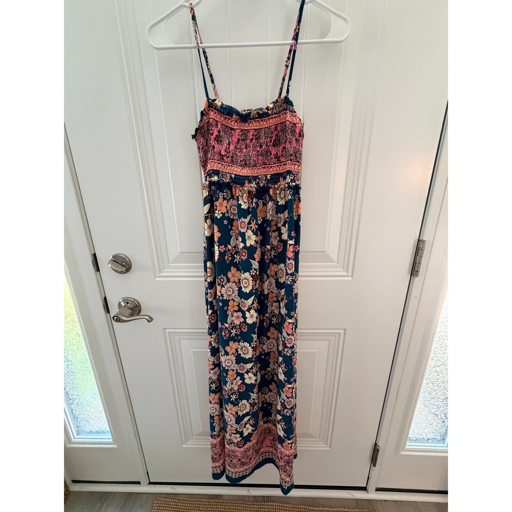 Boho Floral Smocked Maxi Dress Teal Blue Pink Sleeveless Summer Festival S